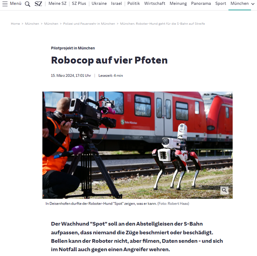 Süddeutsche Zeitung_Robocop auf vier Pfoten - Spot on for the next step security on DB