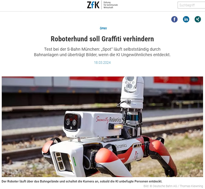 Zeitung für kommunale Wirtschaft_Roboterhund soll Graffiti verhindern - Spot on for the next step security on DB
